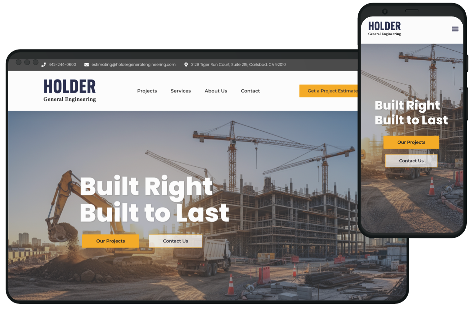 Holder General Engineering marketing site on laptop and phone: a bold navy and amber brand over a construction site with the headline Built Right, Built to Last.