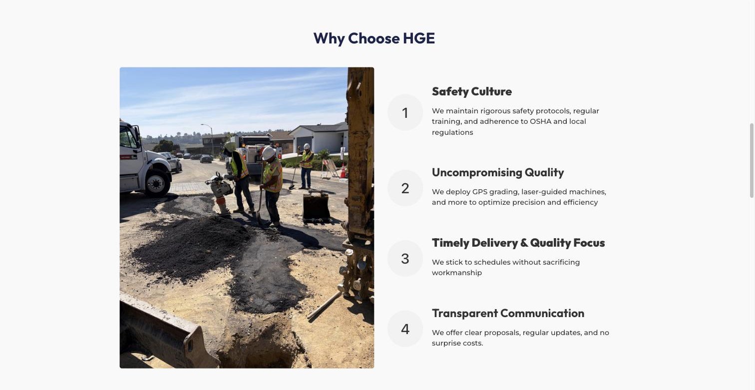 Holder General Engineering Why Choose HGE section: a job-site photo of a paving crew beside four numbered reasons, Safety Culture, Uncompromising Quality, Timely Delivery, and Transparent Communication.