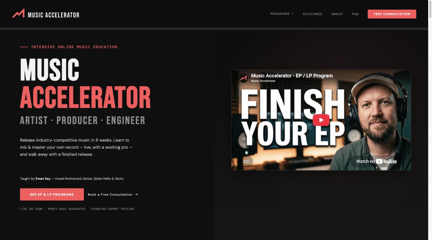 Music Accelerator homepage on a laptop: a condensed coral-and-white wordmark on near-black.