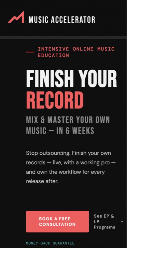 Music Accelerator homepage on mobile