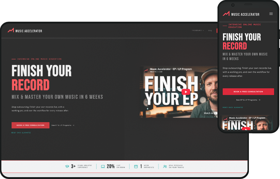Music Accelerator website on laptop and phone: FINISH YOUR RECORD in condensed white and coral type on near-black.