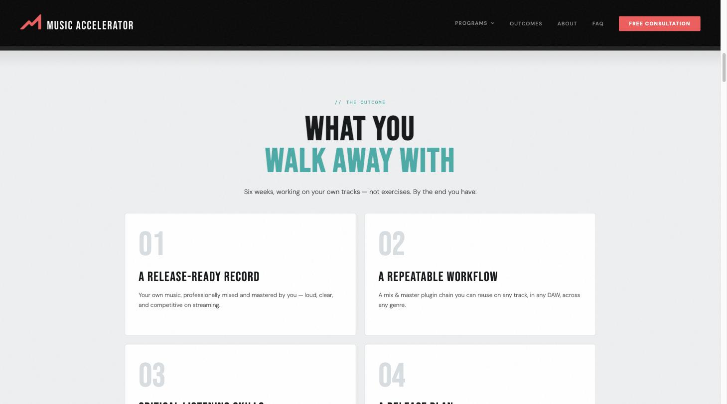 Music Accelerator outcome section on a light background, with a teal WALK AWAY WITH headline and a grid of numbered outcome cards.