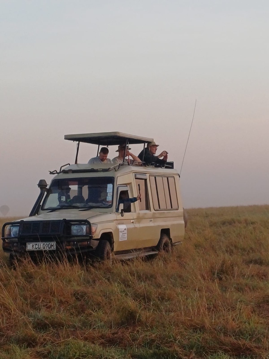 Guests in a safari vehicle on a dawn game drive.
