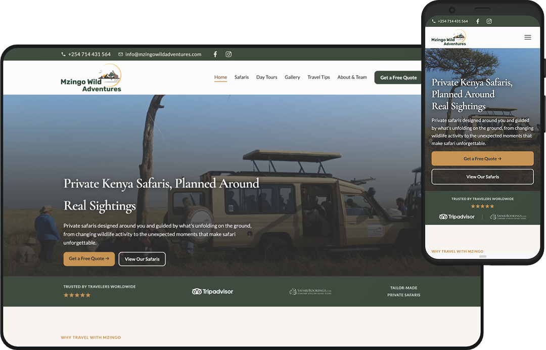 Mzingo Wild Adventures safari website on laptop and phone: an elegant serif headline, Private Kenya Safaris Planned Around Real Sightings, over a golden-hour game drive.