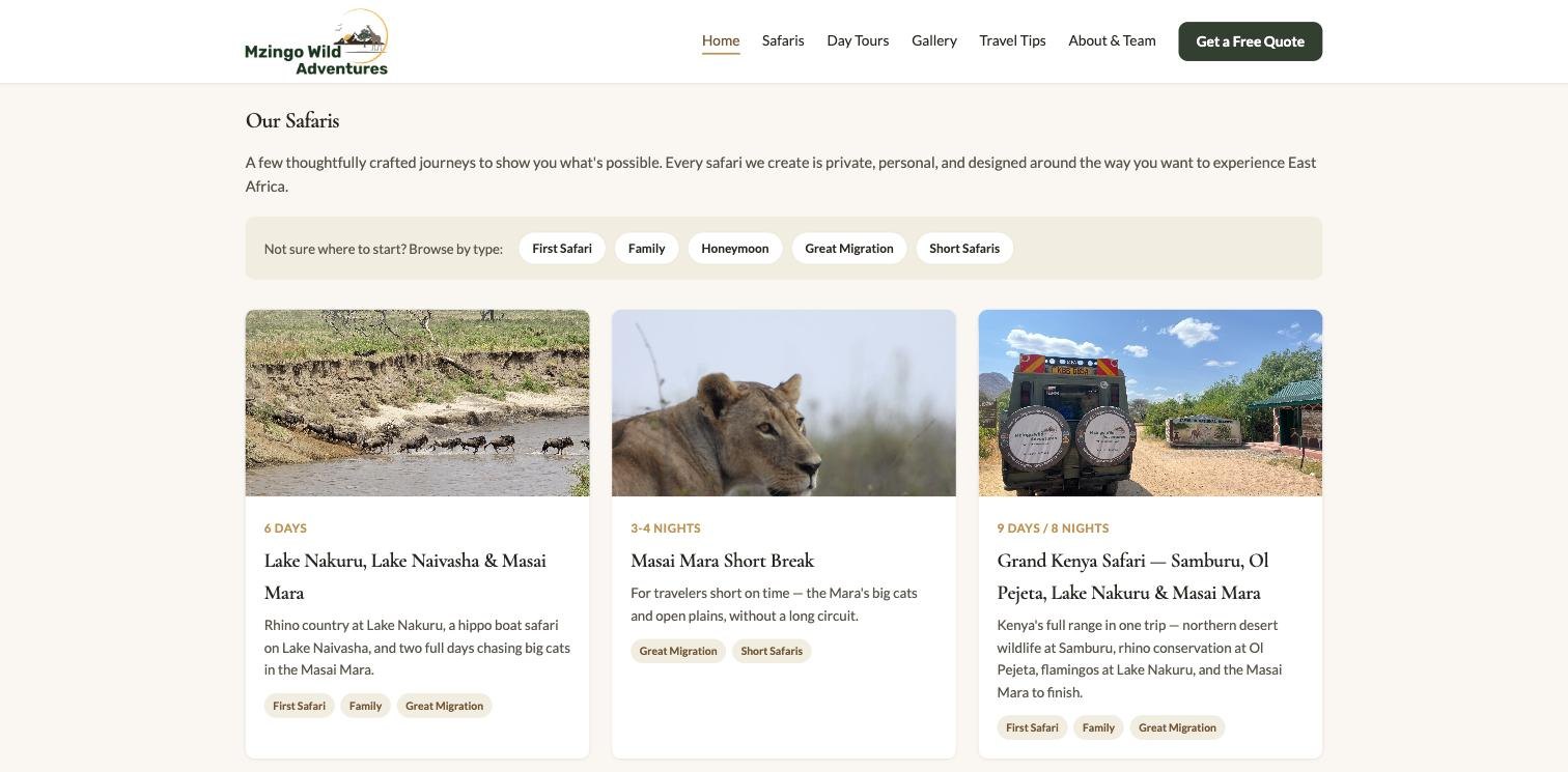 Mzingo Wild Adventures Our Safaris section: browse-by-type filters and safari cards with wildlife photography, gold trip-length labels, serif titles, and tags.