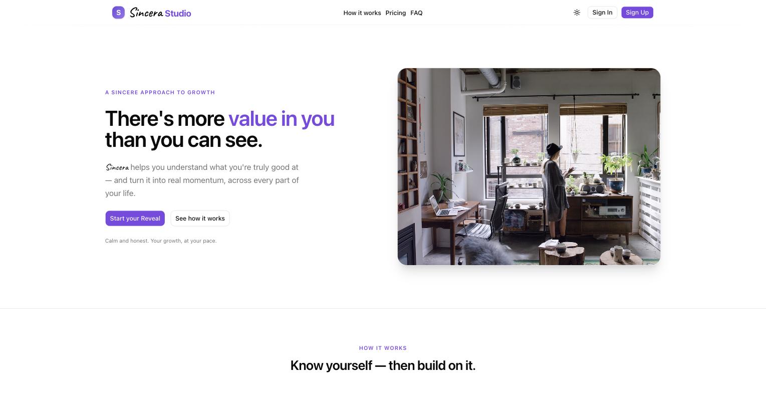 Sincera Studio marketing homepage: the headline There's more value in you than you can see, in purple, beside a warm interior photo, with a Start your Reveal button.