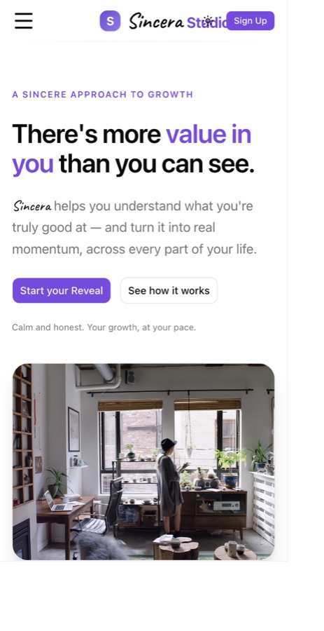 Sincera homepage on mobile