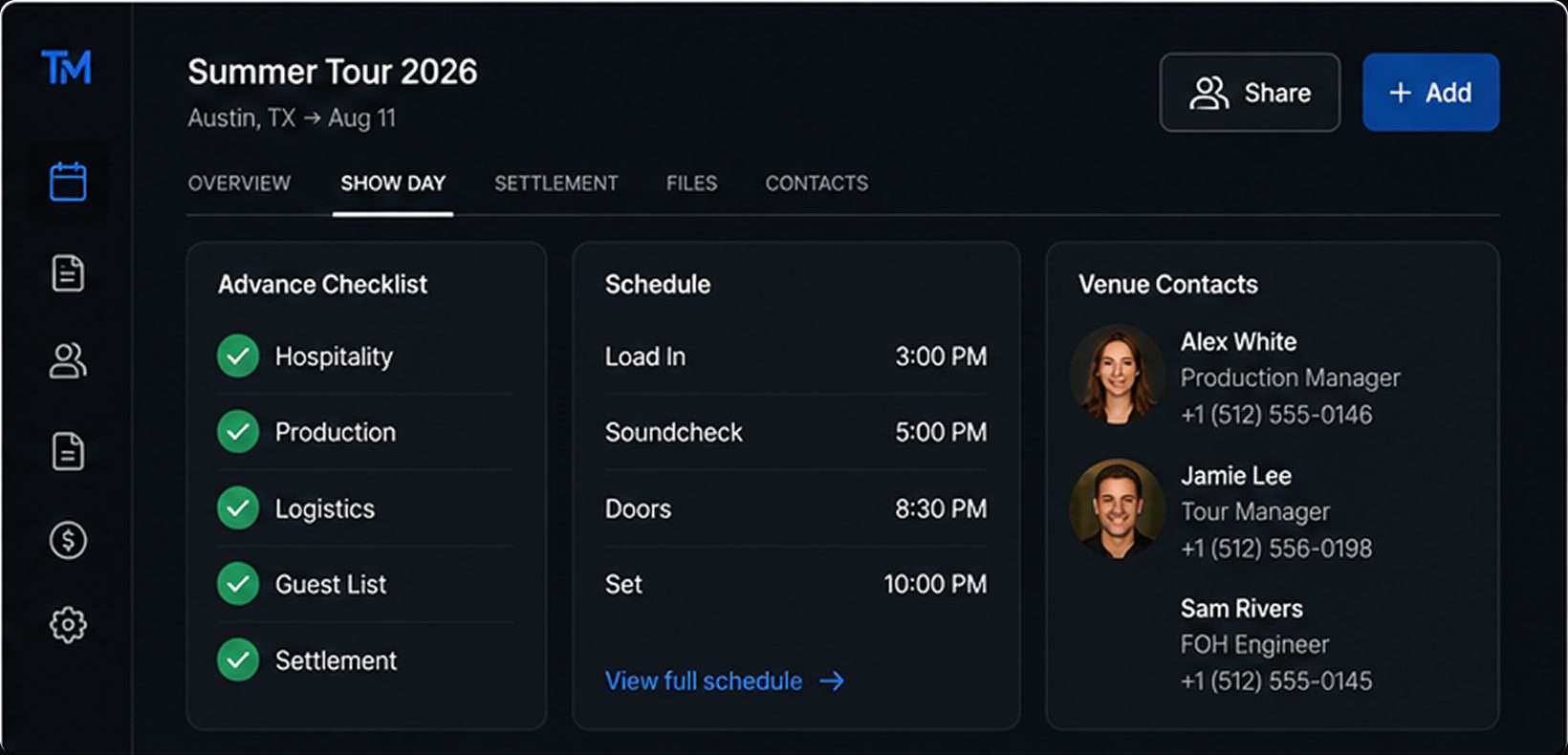 The new way: the TourMode show-day dashboard with advance checklist, schedule, and venue contacts.