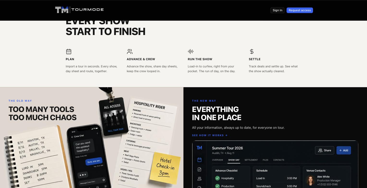 TourMode features section: Every Show Start to Finish, with Plan, Advance and Crew, Run the Show, and Settle, above an old-way versus new-way comparison.