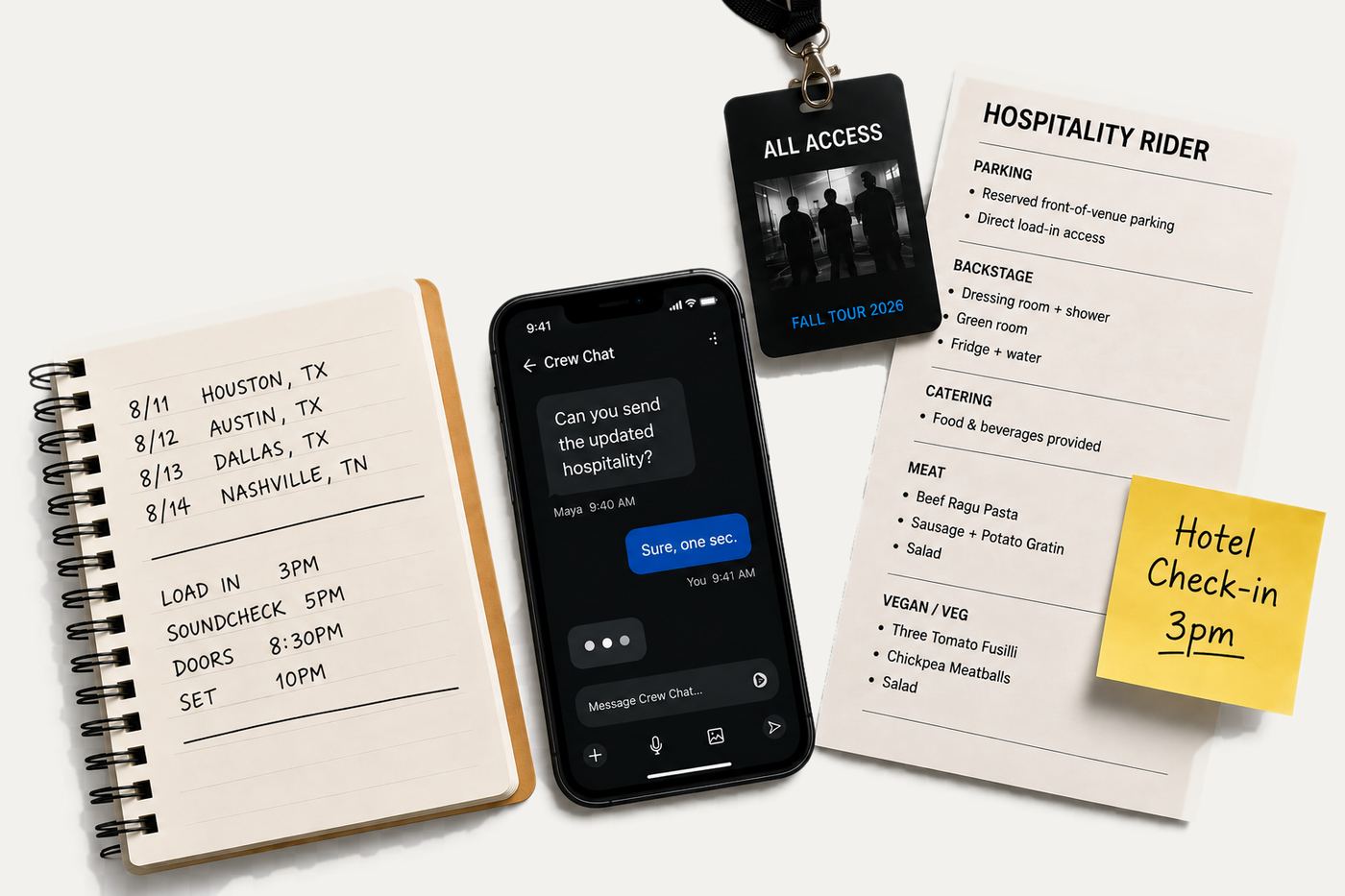 The old way: a paper notebook of tour dates, a printed hospitality rider, lanyards, and a sticky note.