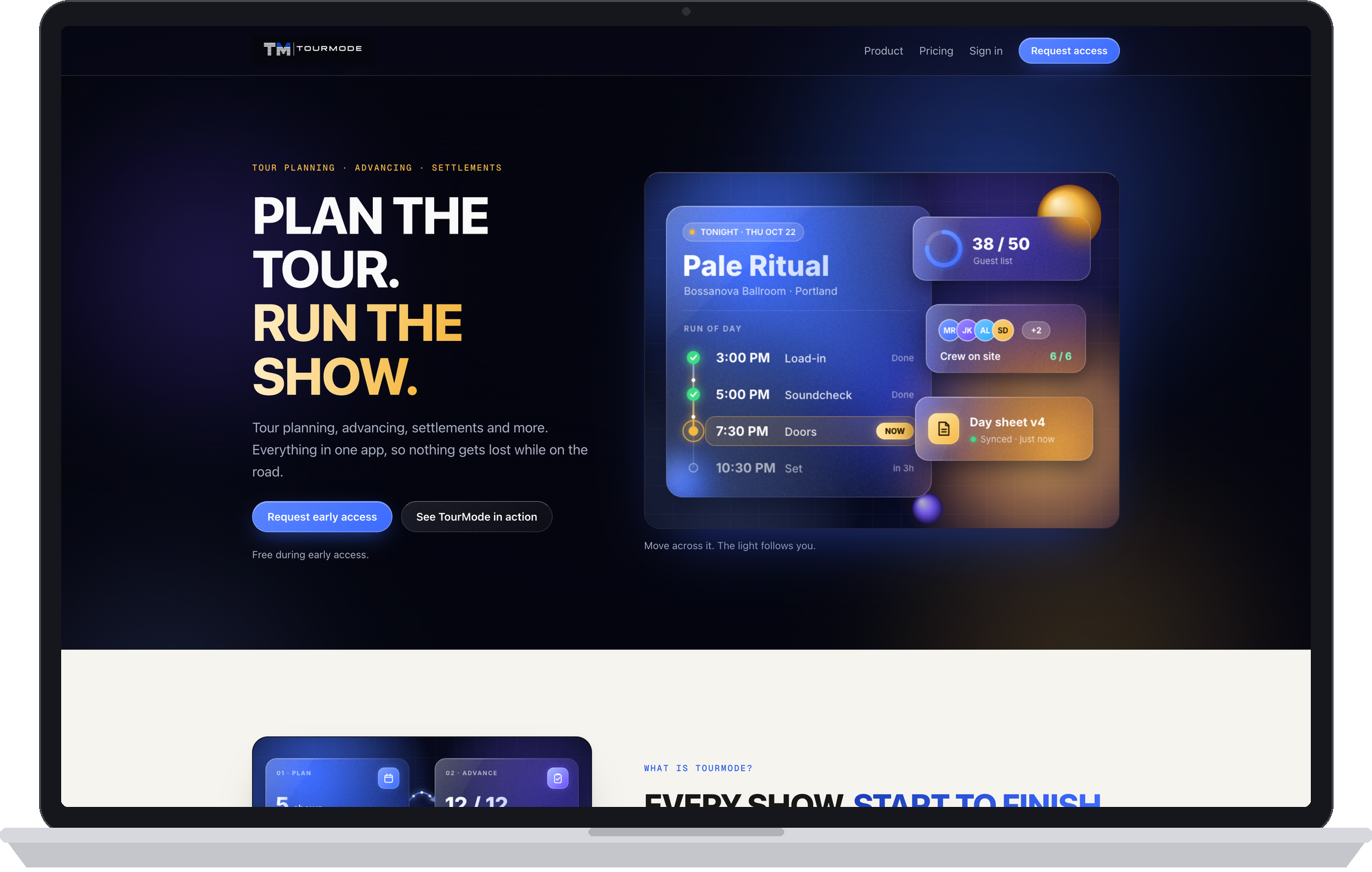 TourMode marketing site on a laptop: Plan the Tour, Run the Show in white and gold beside a frosted-glass show-day card.
