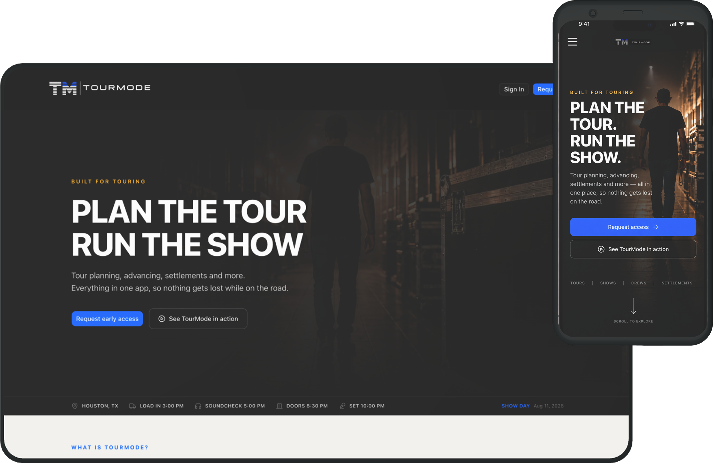 TourMode marketing site on laptop and phone: Plan the Tour, Run the Show in white on black.